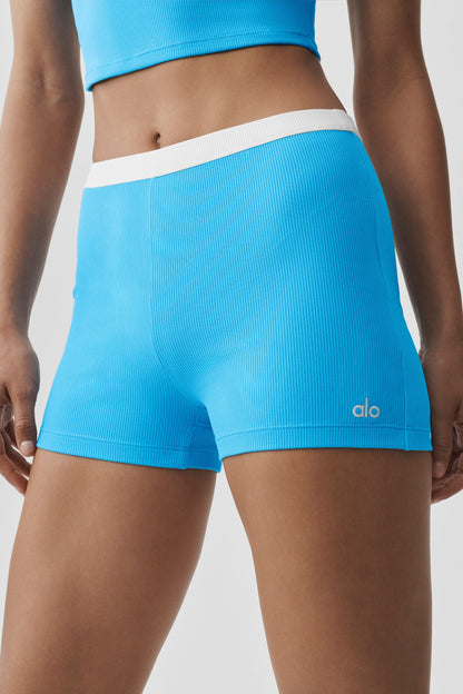 Goddess Ribbed High-Waist First Pick Short - Azure Blue/White